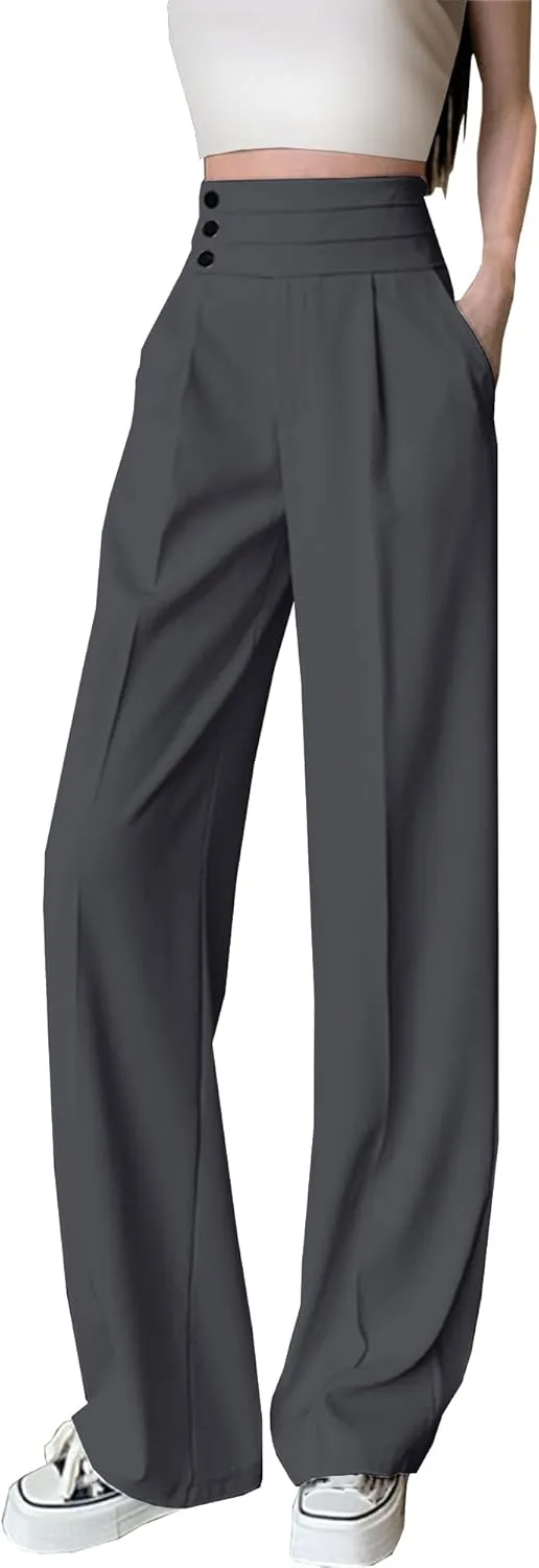 Betusline Women's High Waist Dress Pants Business Side Button Work Wide Leg Pants Straight Leg Trousers, X-Small-XX-Large