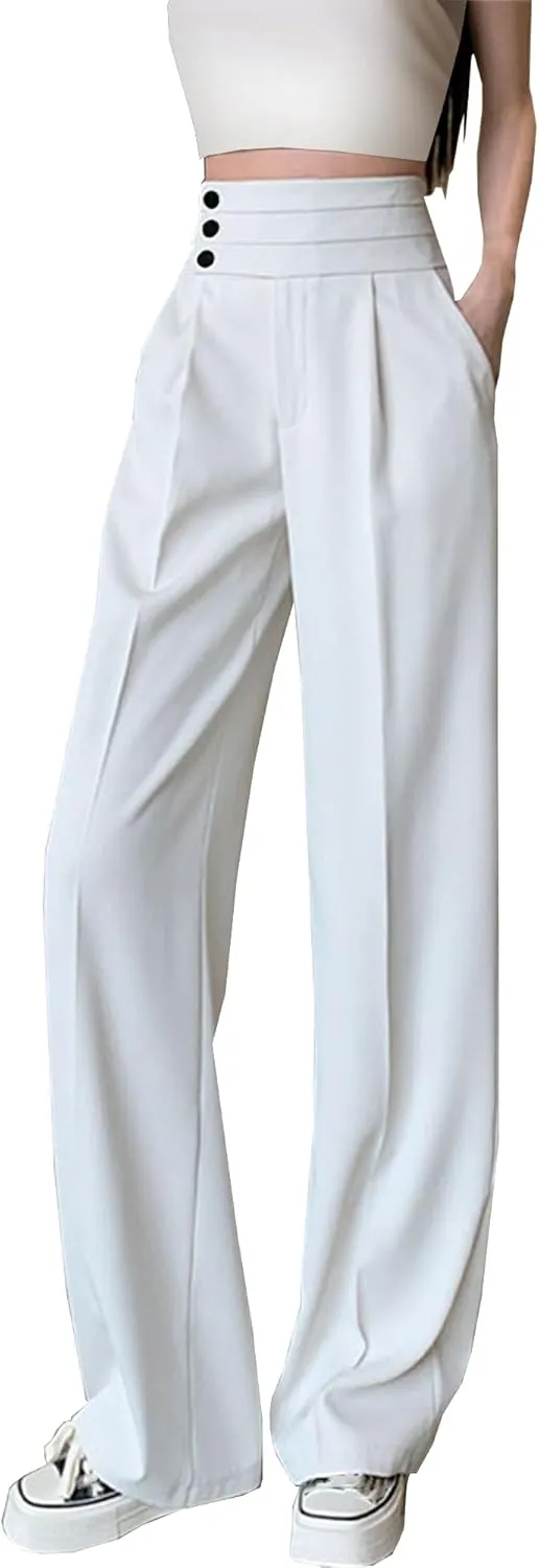 Betusline Women's High Waist Dress Pants Business Side Button Work Wide Leg Pants Straight Leg Trousers, X-Small-XX-Large