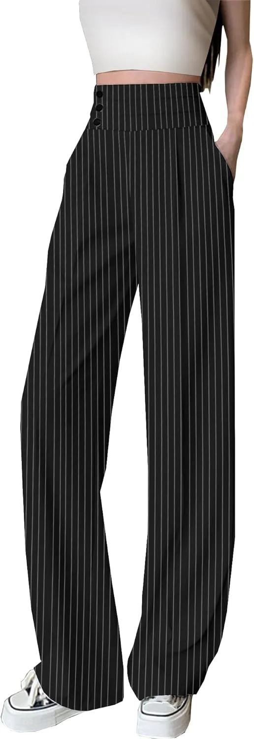 Betusline Women's High Waist Dress Pants Business Side Button Work Wide Leg Pants Straight Leg Trousers, X-Small-XX-Large