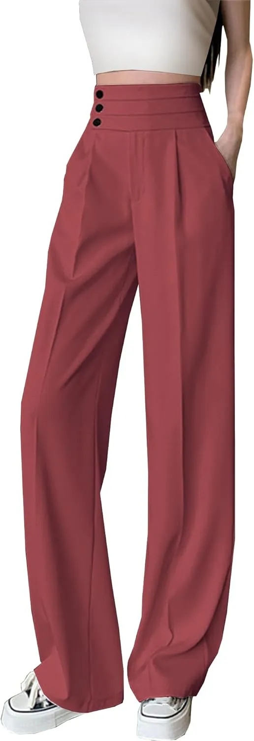 Betusline Women's High Waist Dress Pants Business Side Button Work Wide Leg Pants Straight Leg Trousers, X-Small-XX-Large