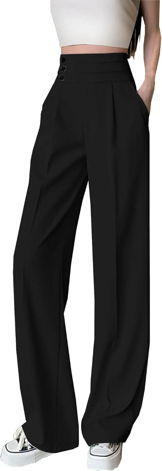 Betusline Women's High Waist Dress Pants Business Side Button Work Wide Leg Pants Straight Leg Trousers, X-Small-XX-Large