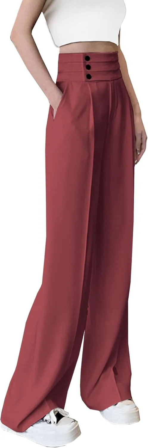 Betusline Women's High Waist Dress Pants Business Side Button Work Wide Leg Pants Straight Leg Trousers, X-Small-XX-Large