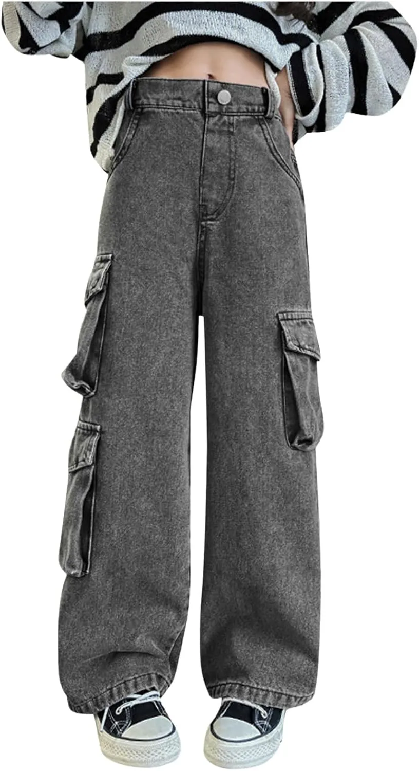 Big Kids Girls Jeans Cute Heart Embroidery Wide Leg Denim Pants Vintage Loose Elastic Casual Straight Trousers with Pockets Kids Jeans,Grey,9-10 Years