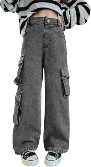 Big Kids Girls Jeans Cute Heart Embroidery Wide Leg Denim Pants Vintage Loose Elastic Casual Straight Trousers with Pockets Kids Jeans,Grey,9-10 Years
