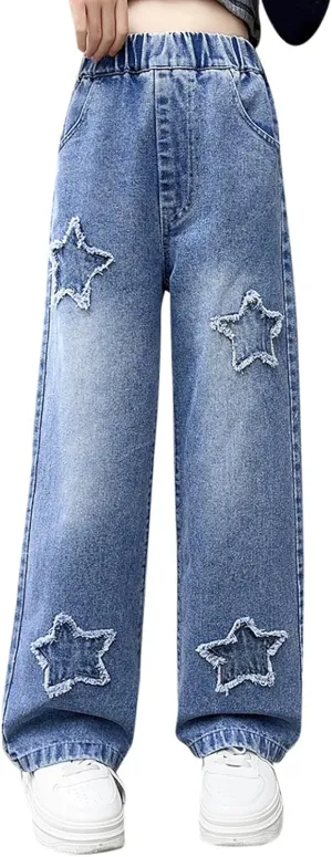 Big Kids Girls Jeans Cute Heart Embroidery Wide Leg Denim Pants Vintage Loose Elastic Casual Straight Trousers with Pockets Loose Jeans,Blue,9-10 Years