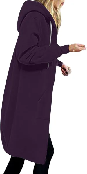 Binmer Women Casual Zip up Fleece Hoodies Plus Size Knee Length Tunic Sweatshirts Long Sleeve Fall Hooded Jacket with Pocket