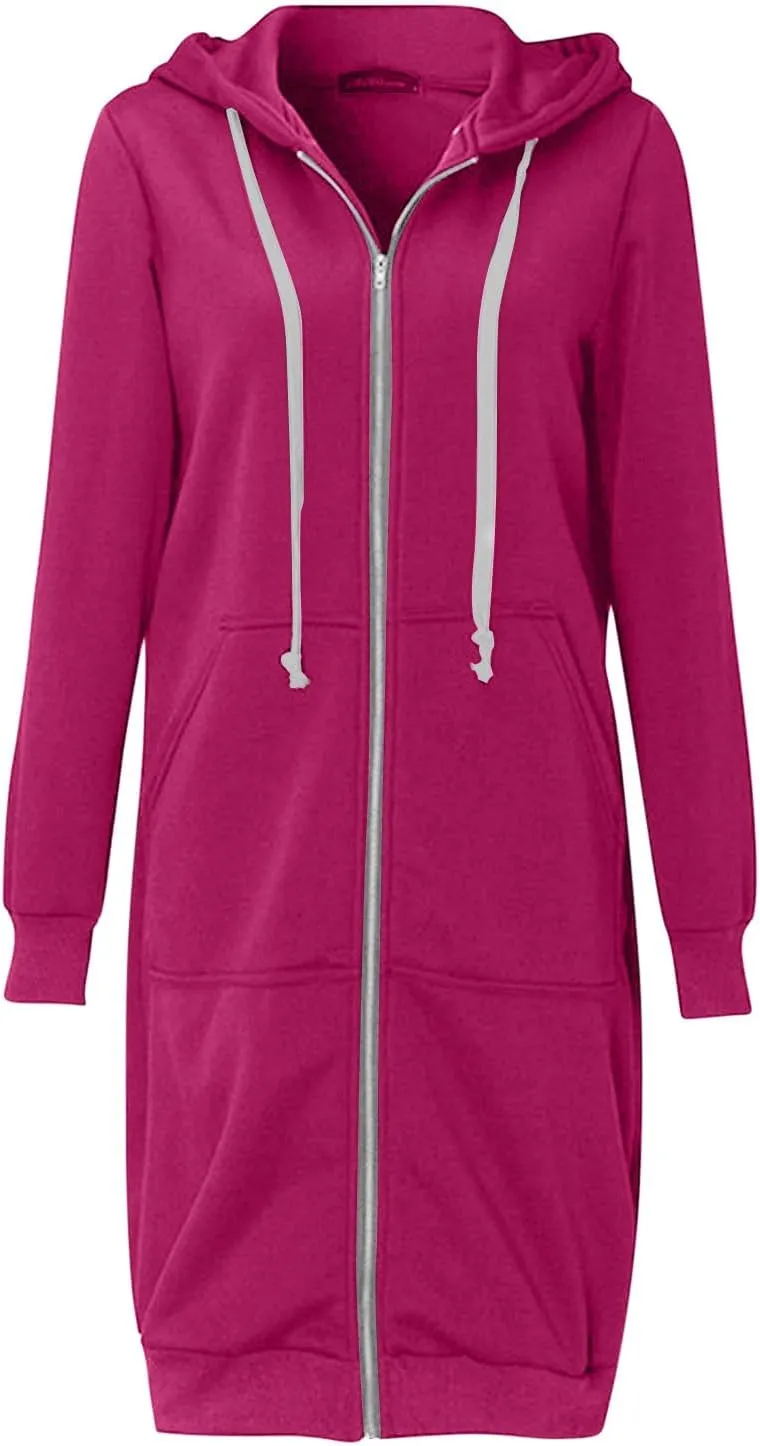Binmer Women Casual Zip up Fleece Hoodies Plus Size Knee Length Tunic Sweatshirts Long Sleeve Fall Hooded Jacket with Pocket