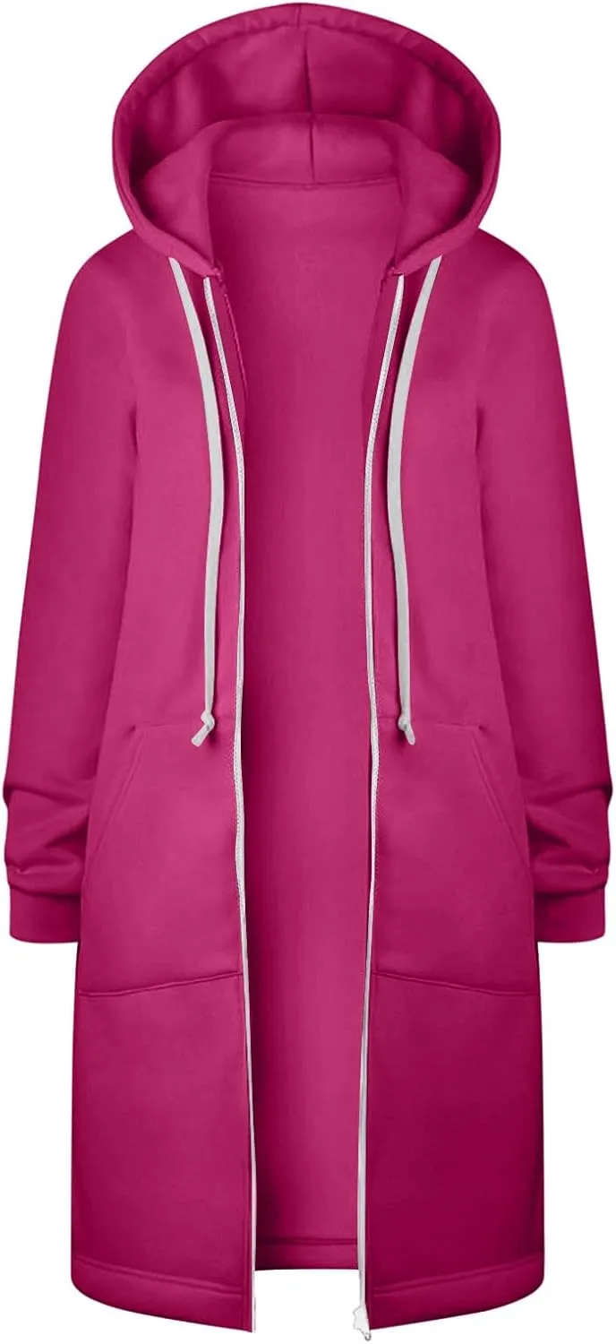 Binmer Women Casual Zip up Fleece Hoodies Plus Size Knee Length Tunic Sweatshirts Long Sleeve Fall Hooded Jacket with Pocket