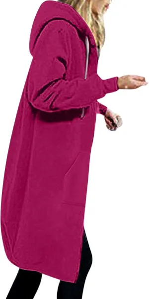 Binmer Women Casual Zip up Fleece Hoodies Plus Size Knee Length Tunic Sweatshirts Long Sleeve Fall Hooded Jacket with Pocket