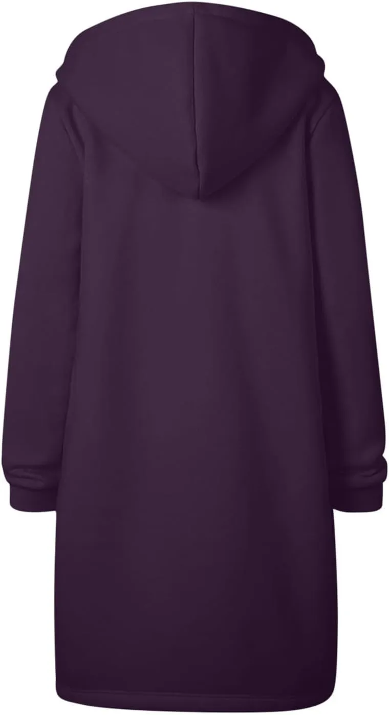 Binmer Women Casual Zip up Fleece Hoodies Plus Size Knee Length Tunic Sweatshirts Long Sleeve Fall Hooded Jacket with Pocket