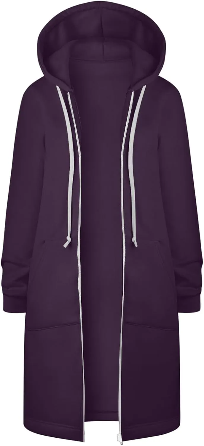 Binmer Women Casual Zip up Fleece Hoodies Plus Size Knee Length Tunic Sweatshirts Long Sleeve Fall Hooded Jacket with Pocket