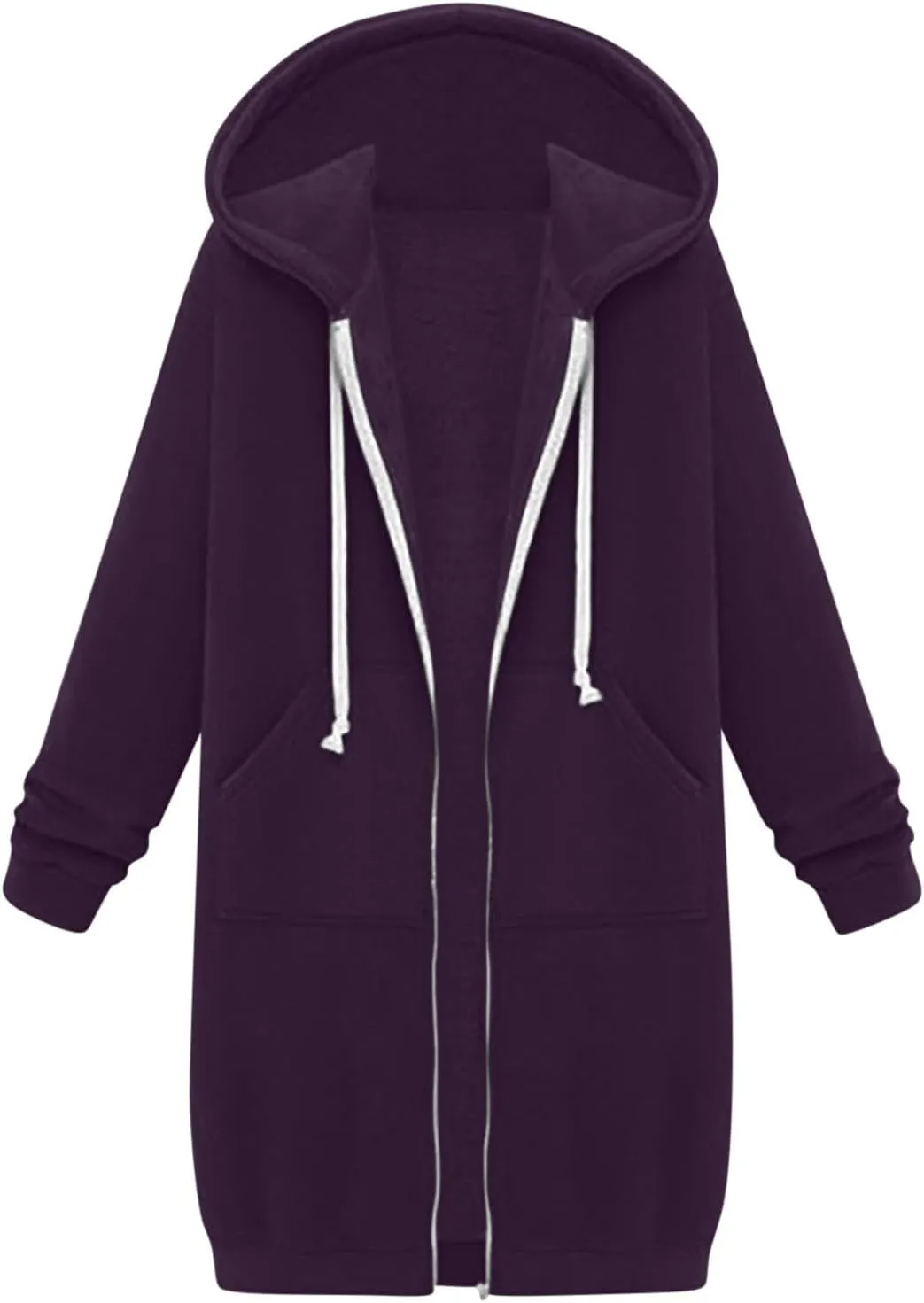 Binmer Women Casual Zip up Fleece Hoodies Plus Size Knee Length Tunic Sweatshirts Long Sleeve Fall Hooded Jacket with Pocket