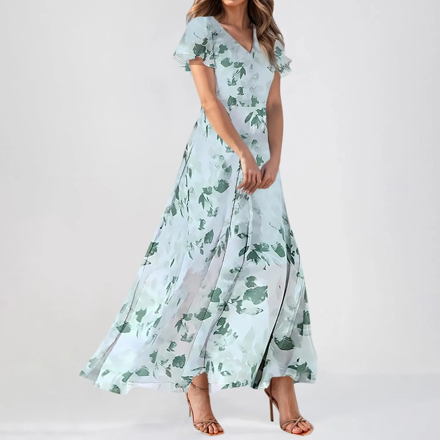 Boho Dresses for Women 2025 Maxi Dress Formal Summer Smocked Floral Dress Plus Size Ruffle Sleeve Chiffon Dresses
