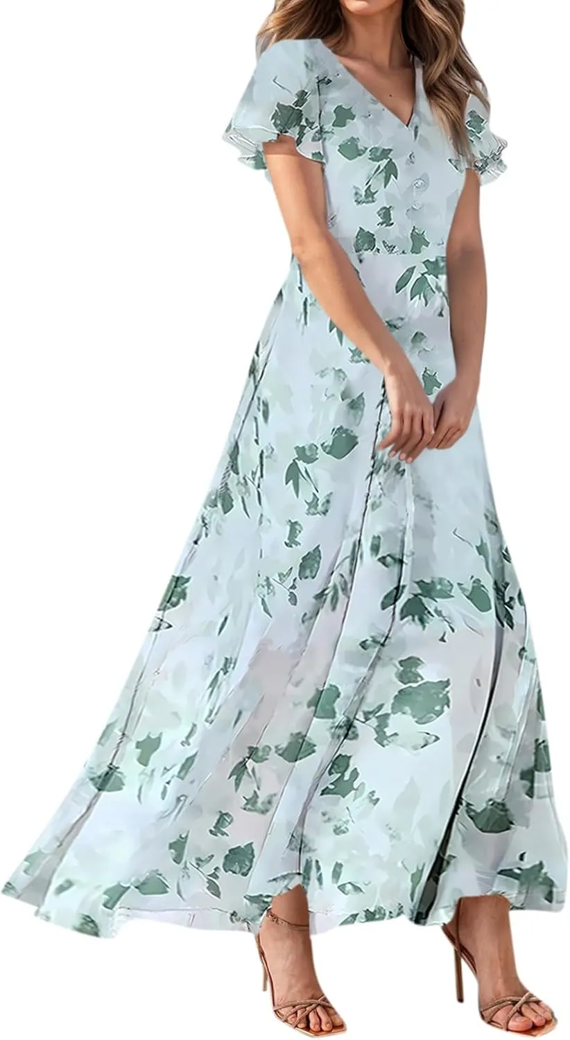 Boho Dresses for Women 2025 Maxi Dress Formal Summer Smocked Floral Dress Plus Size Ruffle Sleeve Chiffon Dresses