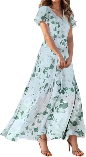 Boho Dresses for Women 2025 Maxi Dress Formal Summer Smocked Floral Dress Plus Size Ruffle Sleeve Chiffon Dresses