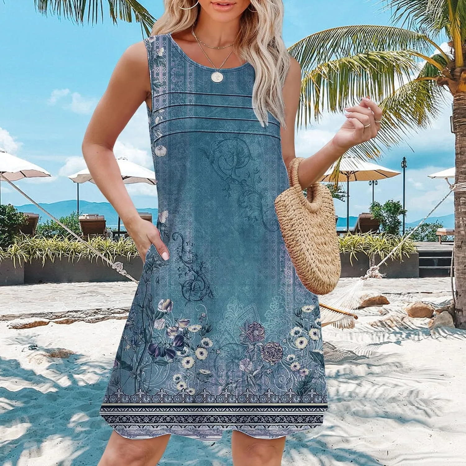 Boho Dresses for Women 2025 Womens with Pockets Summer Casual Tank Dress Sleeveless Midi Beach Dress Womens Cotton