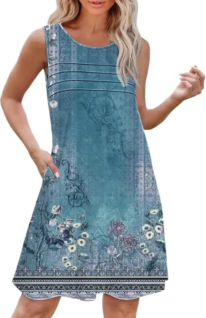 Boho Dresses for Women 2025 Womens with Pockets Summer Casual Tank Dress Sleeveless Midi Beach Dress Womens Cotton