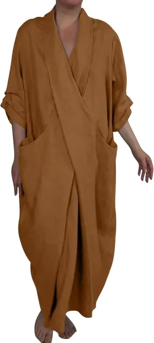 Boho Maxi Dress with Pockets Cozy Cotton Linen V Neck Slit Skirt Casual Loose Dress for Women Rose
