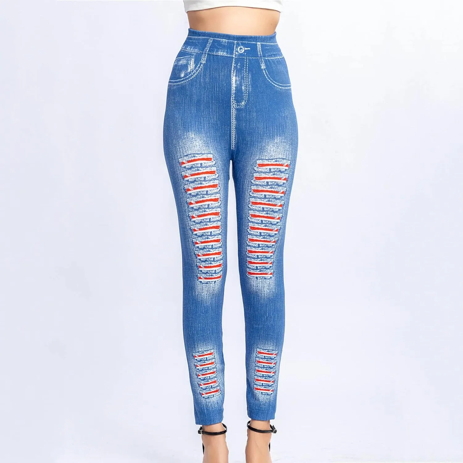 Borniu Women's Denim Legging Hight Waisted Stretch Ripped Skinny Jeans Slim Fit Pencil Pants Distressed Denim Pants