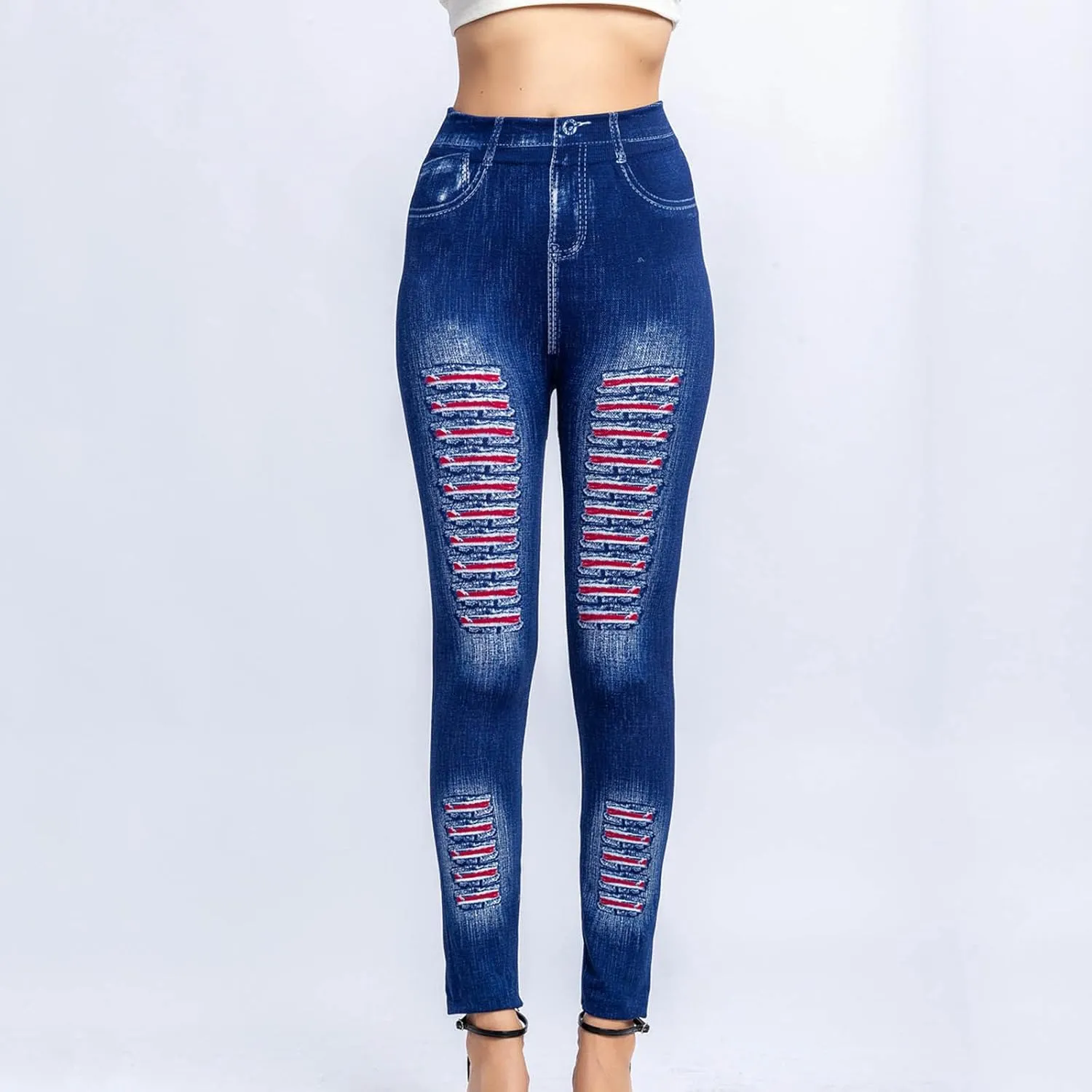 Borniu Women's Denim Legging Hight Waisted Stretch Ripped Skinny Jeans Slim Fit Pencil Pants Distressed Denim Pants