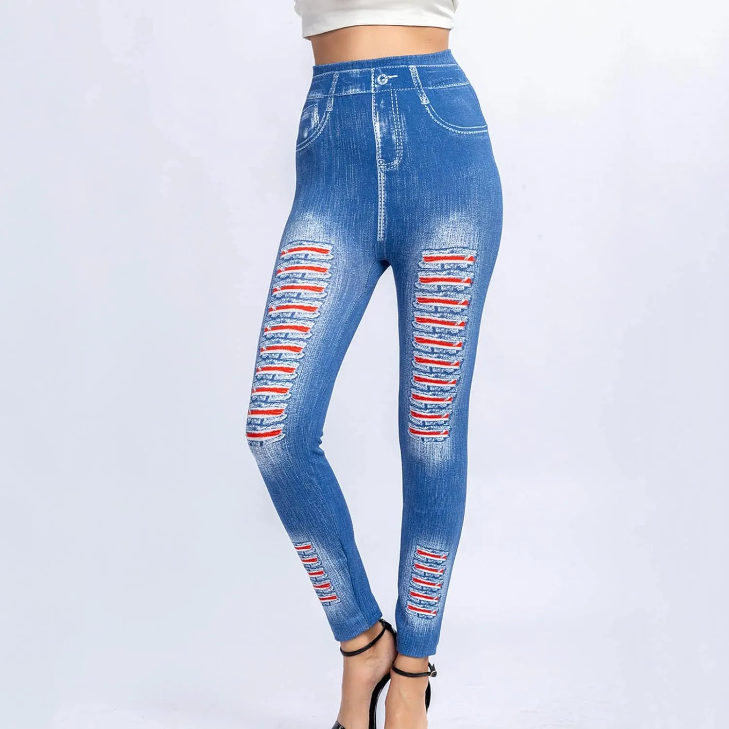 Borniu Women's Denim Legging Hight Waisted Stretch Ripped Skinny Jeans Slim Fit Pencil Pants Distressed Denim Pants