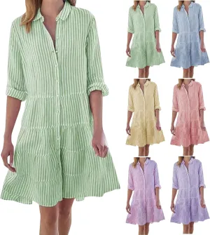 Button Down Dress for Women Summer Casual Striped Long Sleeve V Neck Lapel Dresses Loose Ruched Party Midi Dress 2025