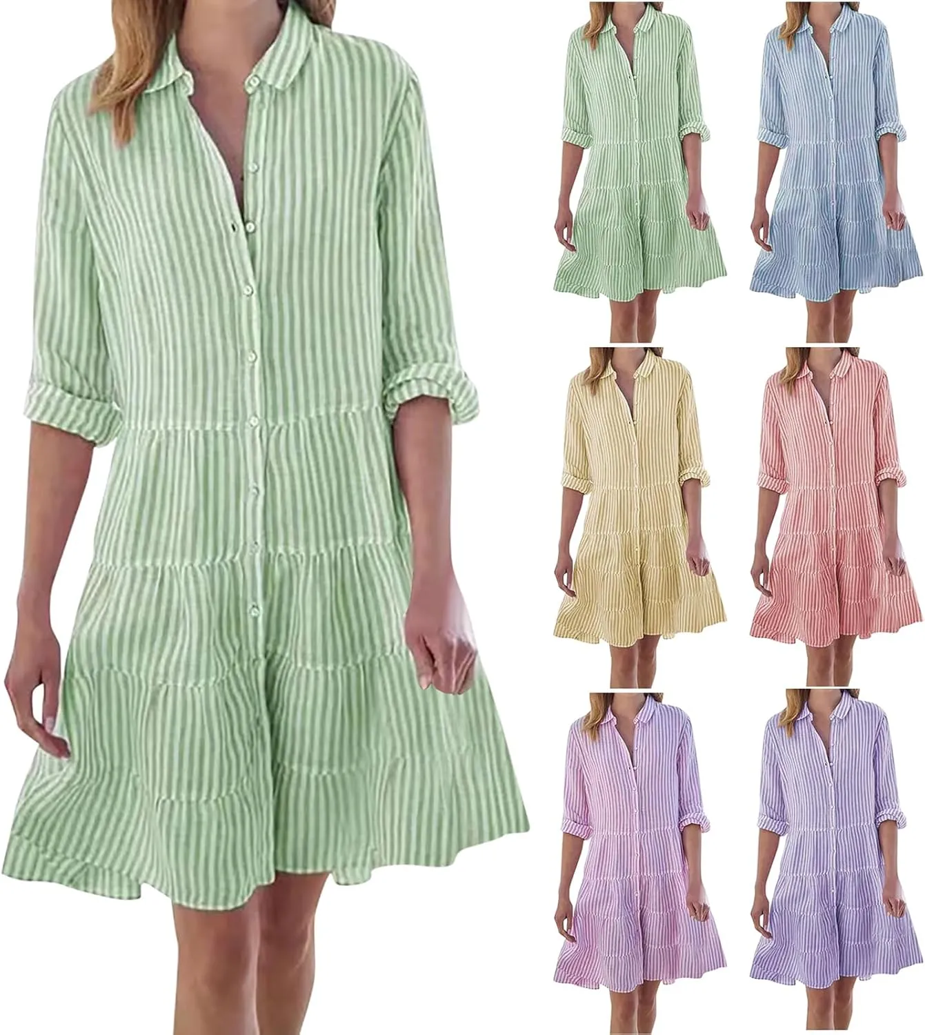 Button Down Dress for Women Summer Casual Striped Long Sleeve V Neck Lapel Dresses Loose Ruched Party Midi Dress 2025
