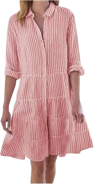 Button Down Dress for Women Summer Casual Striped Long Sleeve V Neck Lapel Dresses Loose Ruched Party Midi Dress 2025
