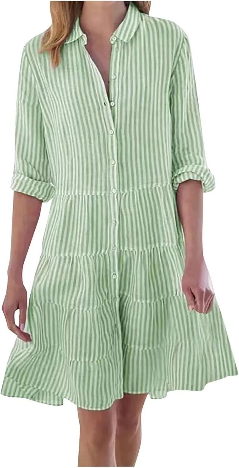 Button Down Dress for Women Summer Casual Striped Long Sleeve V Neck Lapel Dresses Loose Ruched Party Midi Dress 2025