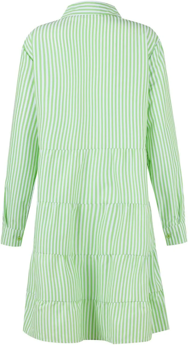 Button Down Dress for Women Summer Casual Striped Long Sleeve V Neck Lapel Dresses Loose Ruched Party Midi Dress 2025