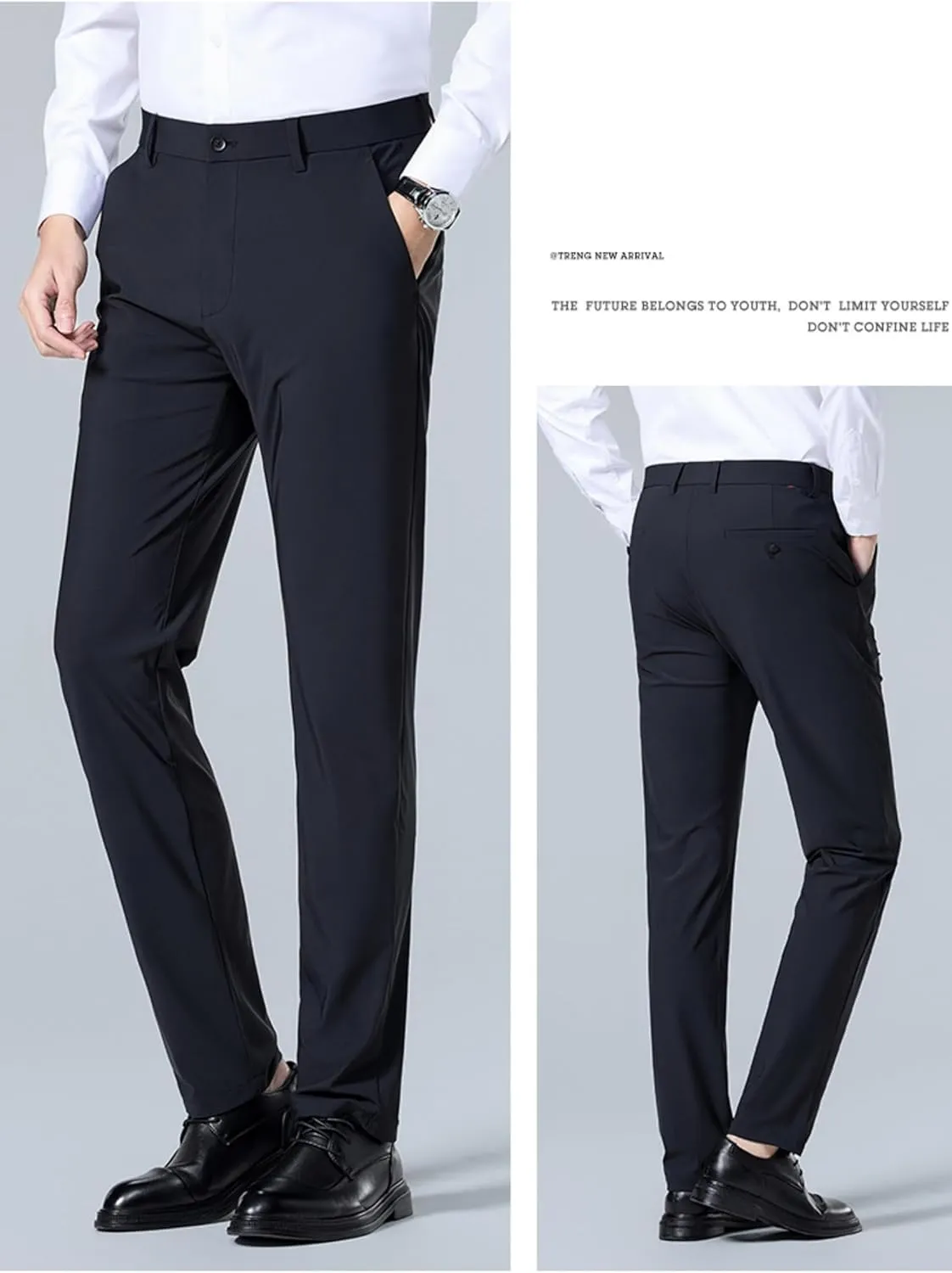 Caloset Cargo Stretch Pants Mens Slim Fit Ice Silk Stretch Expandable Waist Dress Pant Business Casual Golf Formal Wear