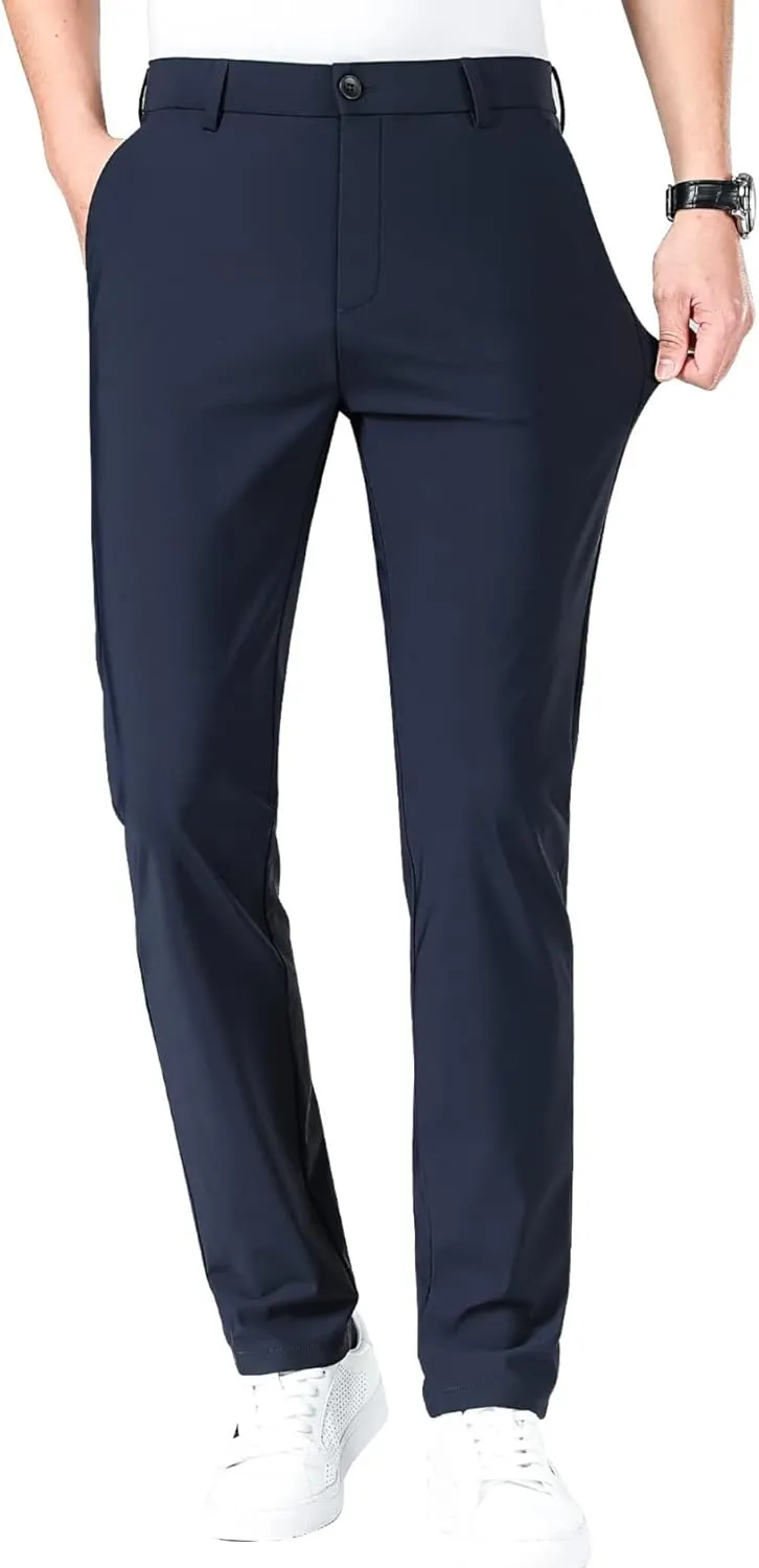 Caloset Cargo Stretch Pants Mens Slim Fit Ice Silk Stretch Expandable Waist Dress Pant Business Casual Golf Formal Wear