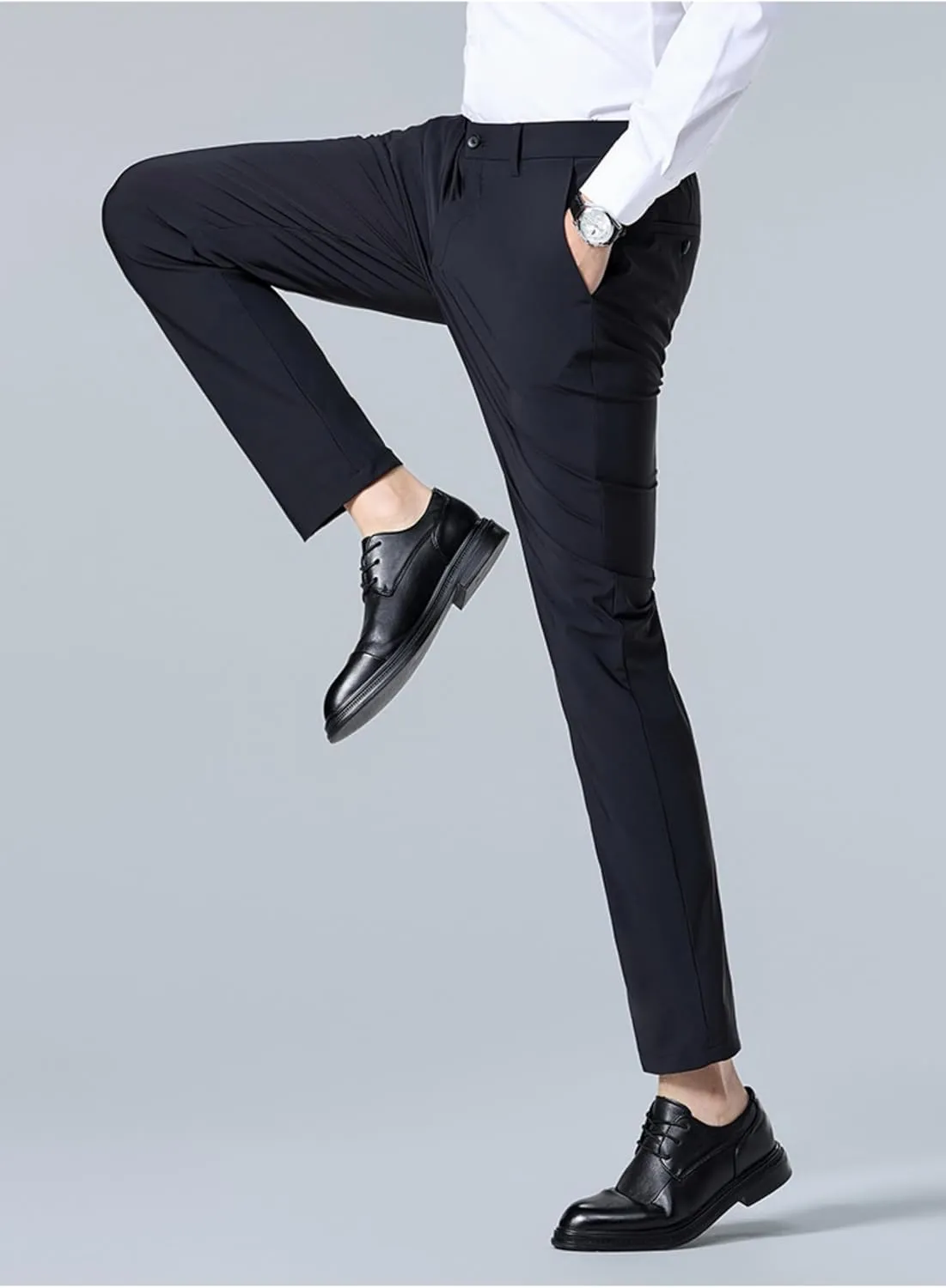Caloset Cargo Stretch Pants Mens Slim Fit Ice Silk Stretch Expandable Waist Dress Pant Business Casual Golf Formal Wear