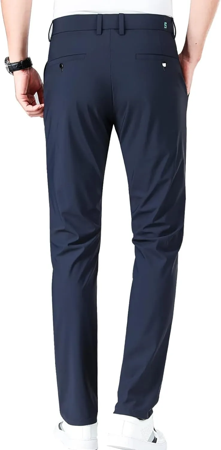 Caloset Cargo Stretch Pants Mens Slim Fit Ice Silk Stretch Expandable Waist Dress Pant Business Casual Golf Formal Wear