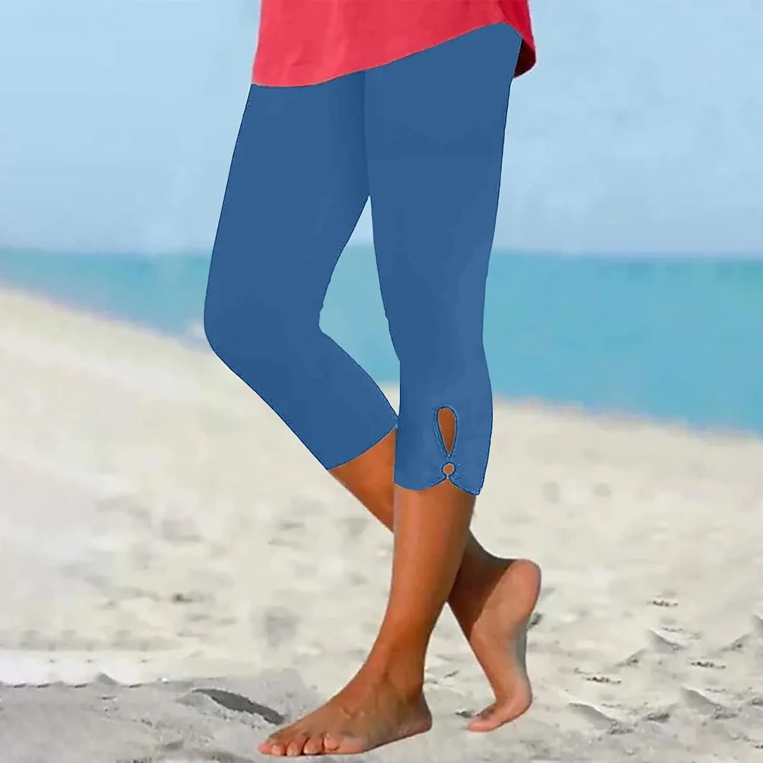 Capri Leggings for Women 2025 Summer Lace Stitching Beach Pants Elastic High Waisted Stretch Soft Cropped Trousers