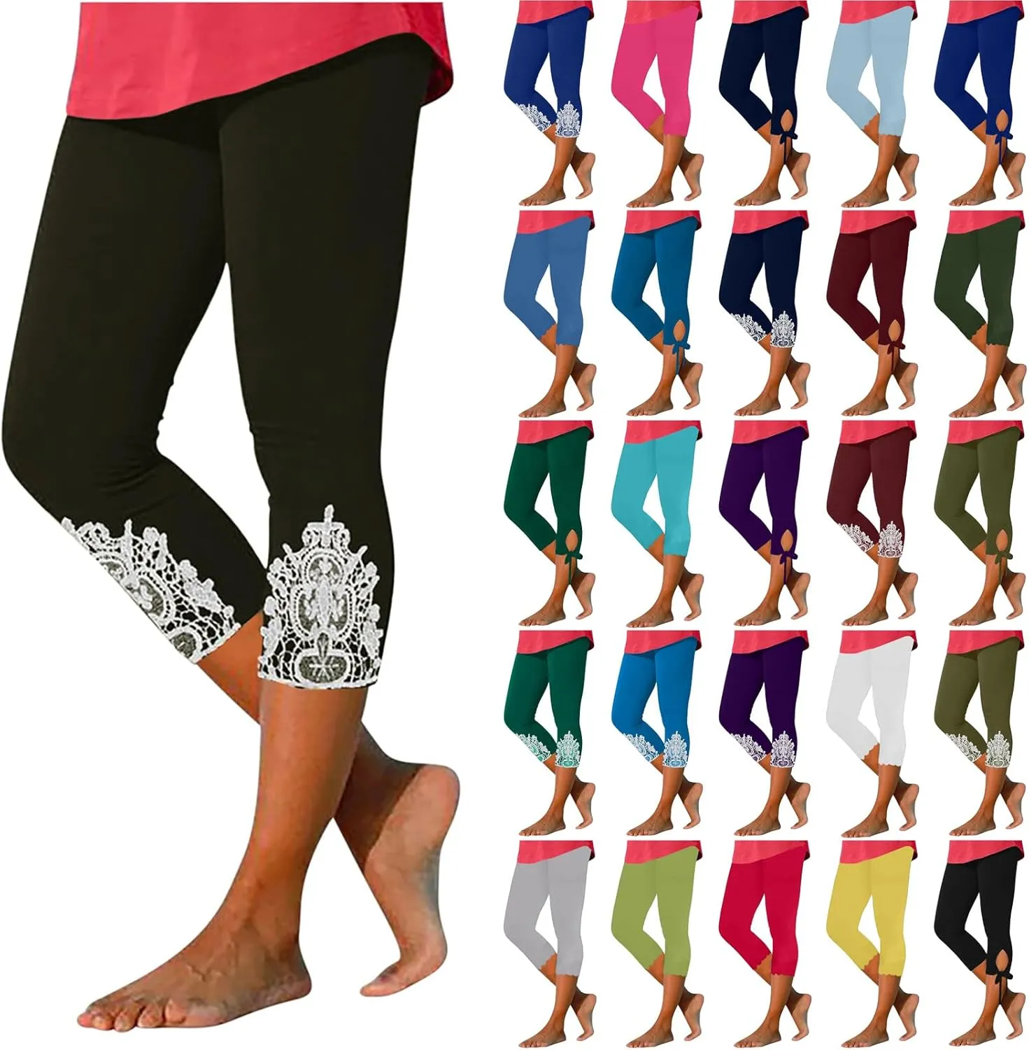 Capri Leggings for Women 2025 Summer Lace Stitching Beach Pants Elastic High Waisted Stretch Soft Cropped Trousers