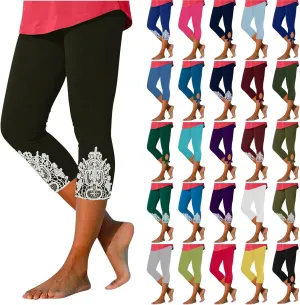Capri Leggings for Women 2025 Summer Lace Stitching Beach Pants Elastic High Waisted Stretch Soft Cropped Trousers