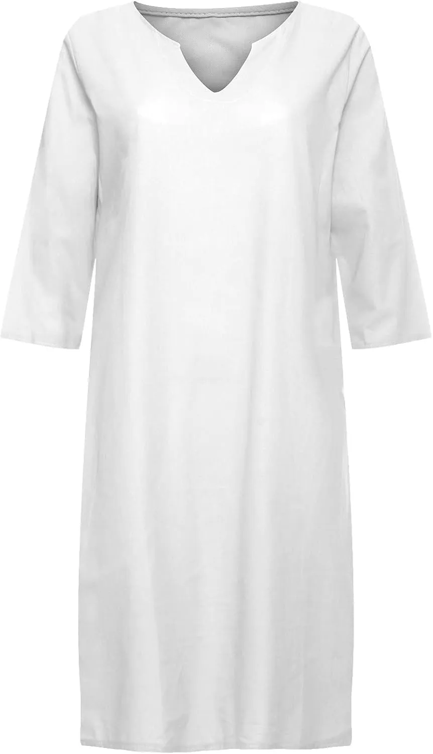 Casual Dresses for Women Cotton Linen V-Neck Half Sleeve Short Summer Dresses Elegant Solid Vintage Womens Dresses