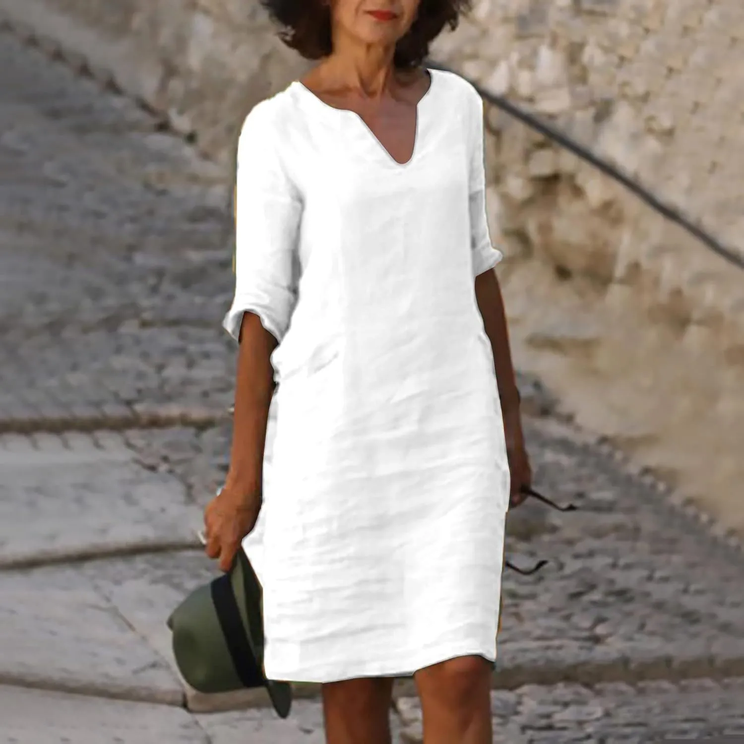 Casual Dresses for Women Cotton Linen V-Neck Half Sleeve Short Summer Dresses Elegant Solid Vintage Womens Dresses