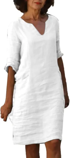 Casual Dresses for Women Cotton Linen V-Neck Half Sleeve Short Summer Dresses Elegant Solid Vintage Womens Dresses