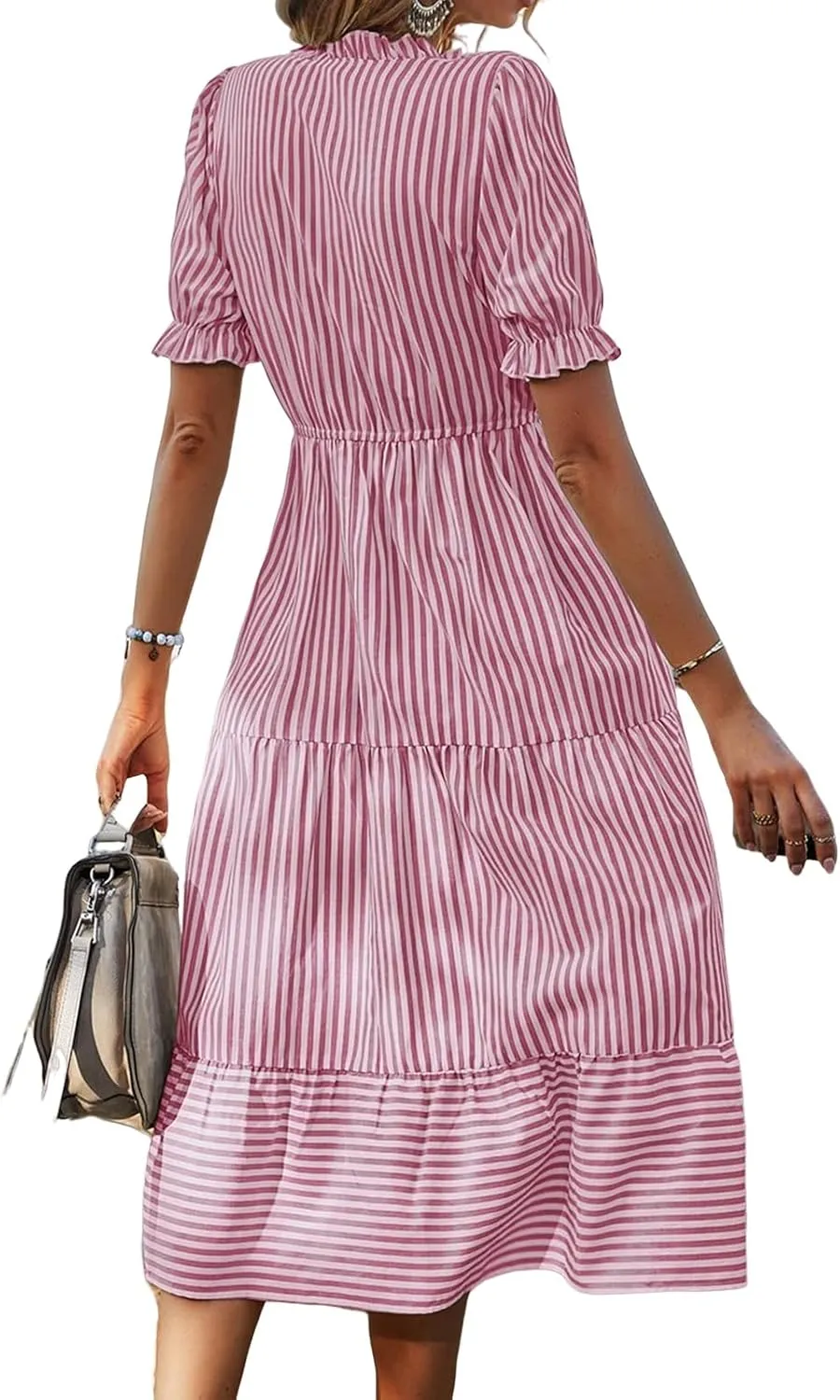 Casual Dresses for Women Summer Striped Blouse Midi Dresses Ruffle Puff Short Sleeve Dress V Neck Elastic Waist Dress