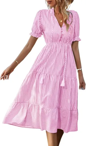 Casual Dresses for Women Summer Striped Blouse Midi Dresses Ruffle Puff Short Sleeve Dress V Neck Elastic Waist Dress