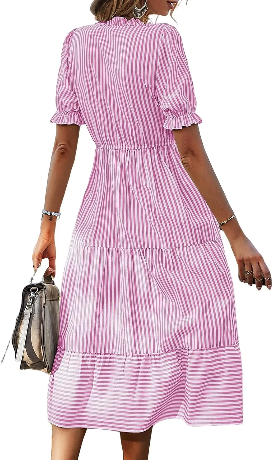 Casual Dresses for Women Summer Striped Blouse Midi Dresses Ruffle Puff Short Sleeve Dress V Neck Elastic Waist Dress