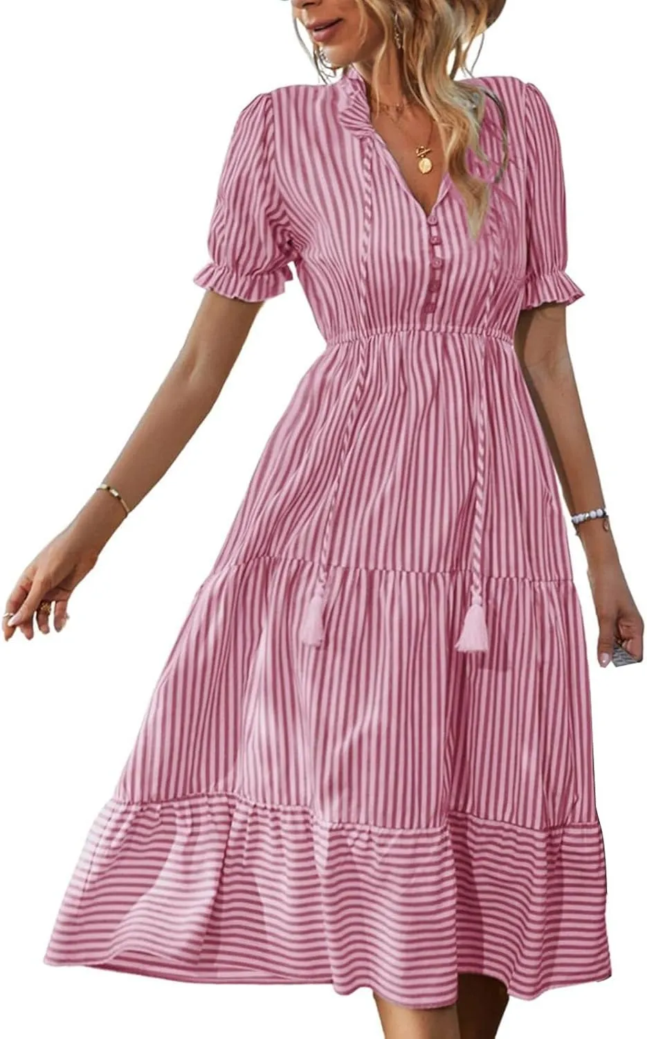 Casual Dresses for Women Summer Striped Blouse Midi Dresses Ruffle Puff Short Sleeve Dress V Neck Elastic Waist Dress