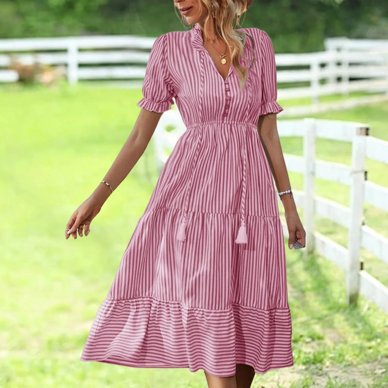 Casual Dresses for Women Summer Striped Blouse Midi Dresses Ruffle Puff Short Sleeve Dress V Neck Elastic Waist Dress