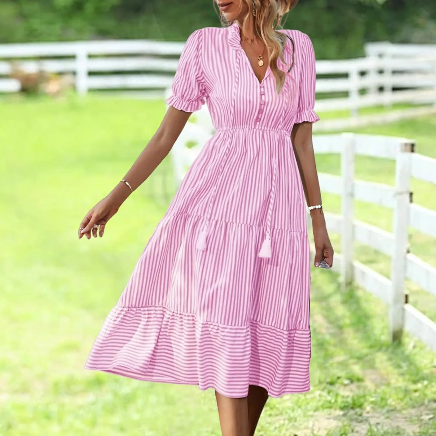 Casual Dresses for Women Summer Striped Blouse Midi Dresses Ruffle Puff Short Sleeve Dress V Neck Elastic Waist Dress