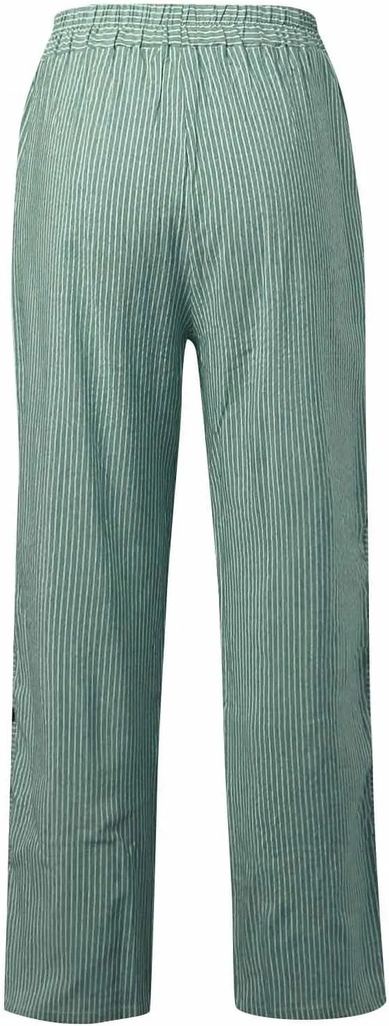 Casual Pants for Women Stripe Print Side Button Trendy Ankle Trousers Baggy Straight Leg Beach Cropped with Pocket