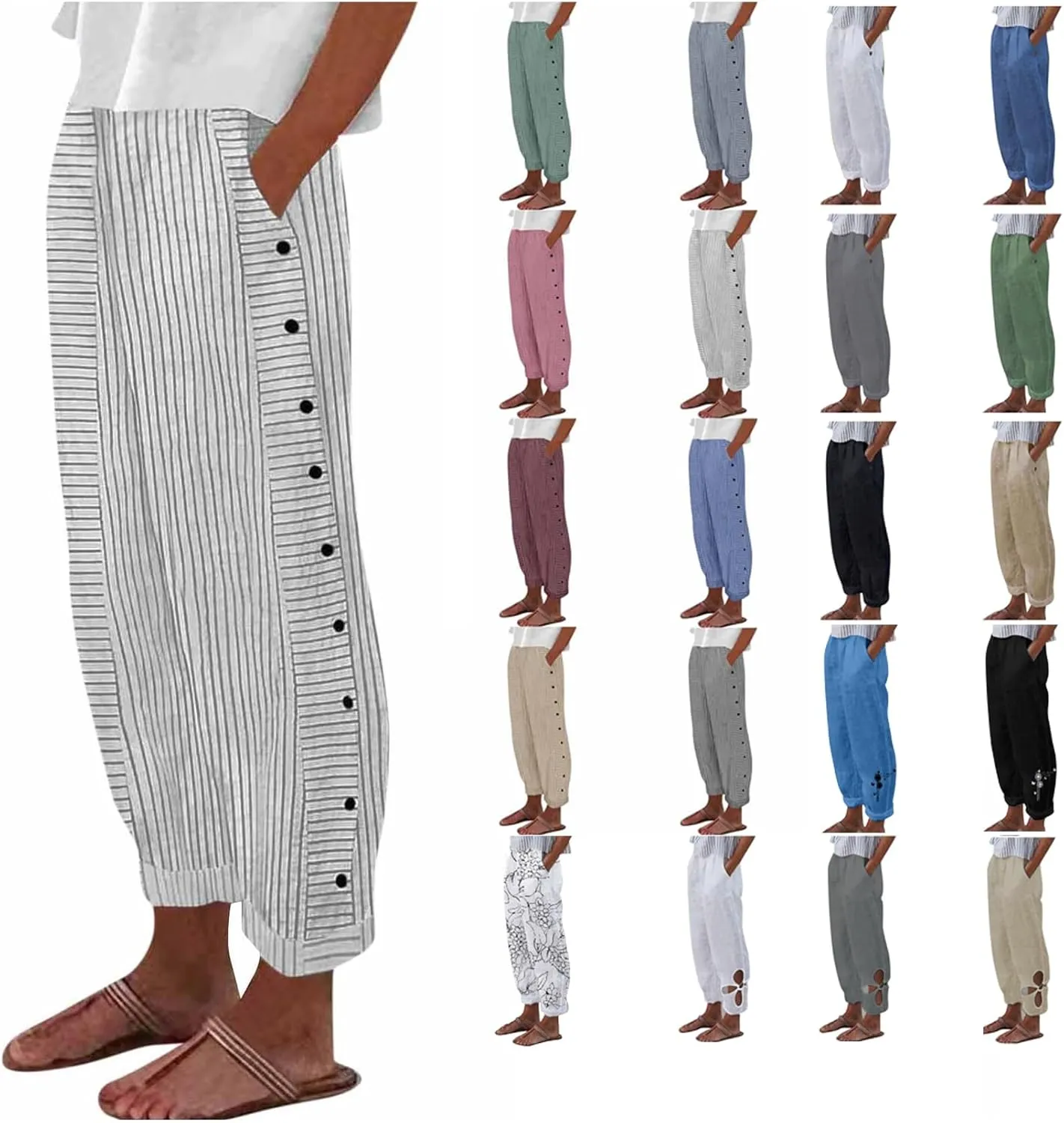 Casual Pants for Women Stripe Print Side Button Trendy Ankle Trousers Baggy Straight Leg Beach Cropped with Pocket