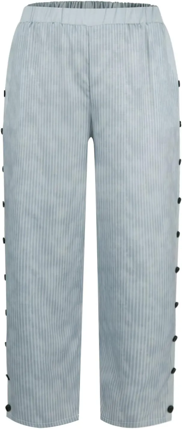 Casual Pants for Women Stripe Print Side Button Trendy Ankle Trousers Baggy Straight Leg Beach Cropped with Pocket