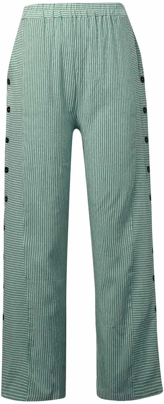 Casual Pants for Women Stripe Print Side Button Trendy Ankle Trousers Baggy Straight Leg Beach Cropped with Pocket
